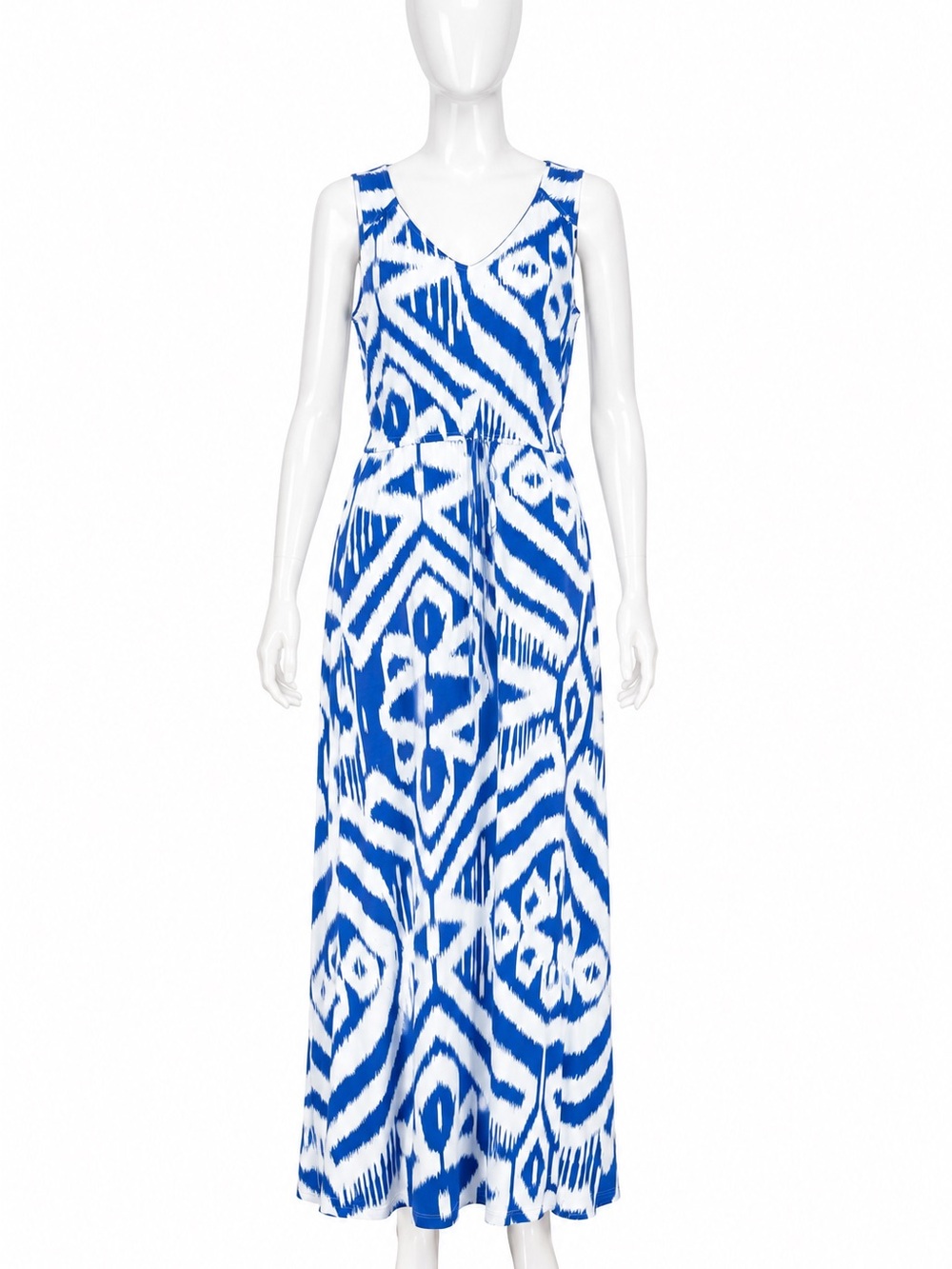 Talbots Blue White Ikat Maxi Dress Sleeveless Tie Waist Stretch Size Small